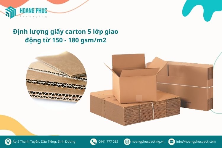Định lượng giấy carton 5 lớp giao động từ 150 - 180 gsm/m2